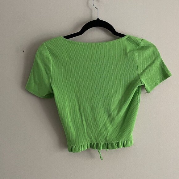 Zara Women M Green Ribbed Y2K Short Sleeve Ruffle Cinched Tie Front Crop Top - Picture 7 of 7